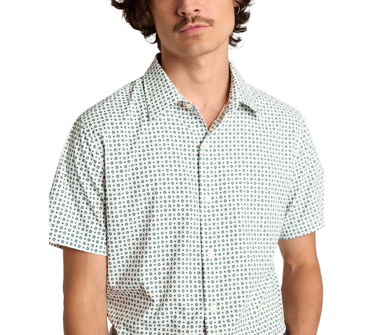 Men's Slim Fit Short Sleeve Geo Print Button-Front Tech Shirt - White Clocks