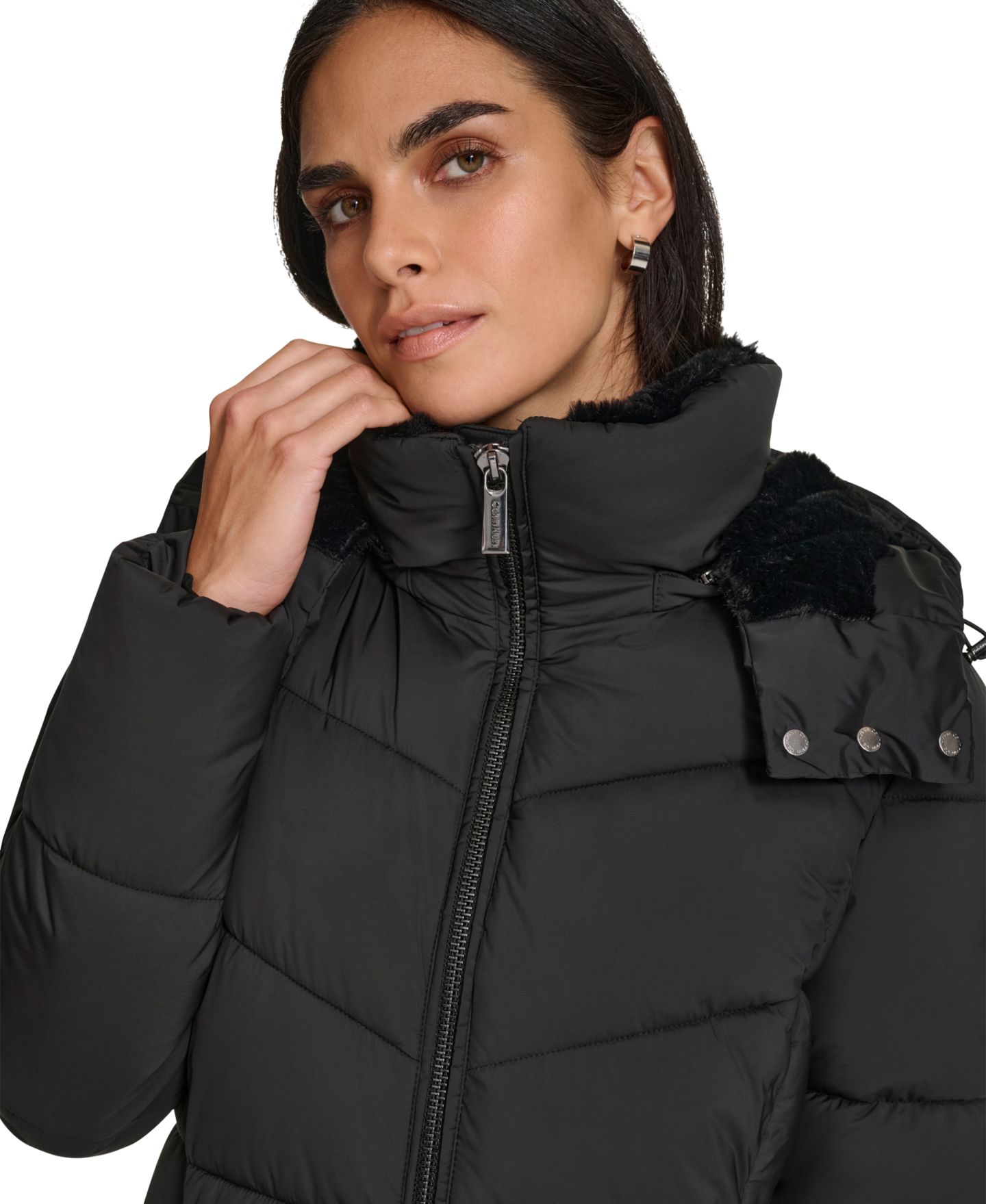 Женская куртка Calvin Klein Hooded Faux-Fur-Lined Midi Puffer, цвет: Чёрный — фото 4