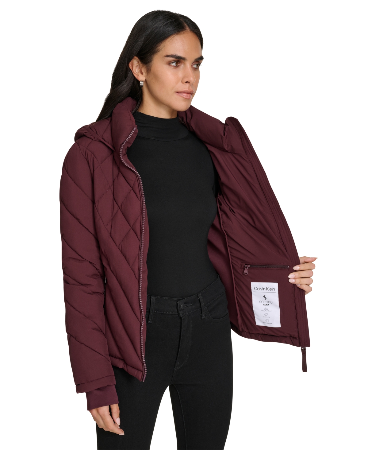 Calvin Klein Womens Side-panel Hooded Packable Puffer Coat, Created For Macys In Bordeaux