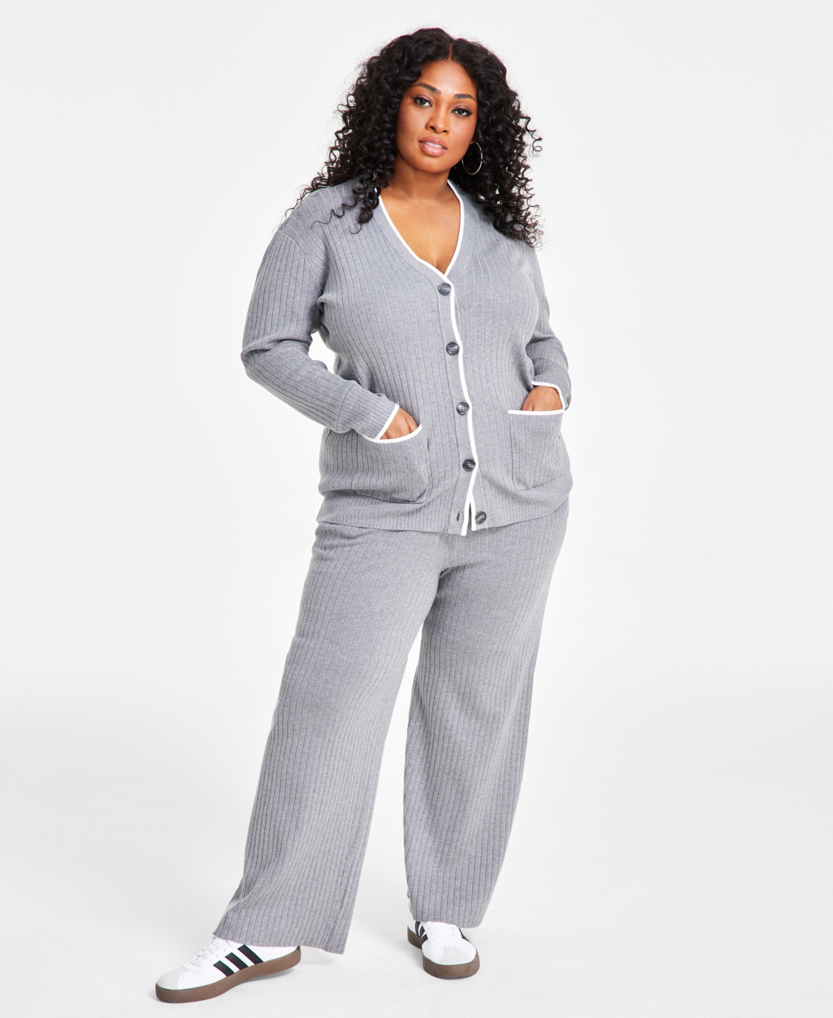 Nina Parker Trendy Plus Size Rib-Knit Henley Cardigan