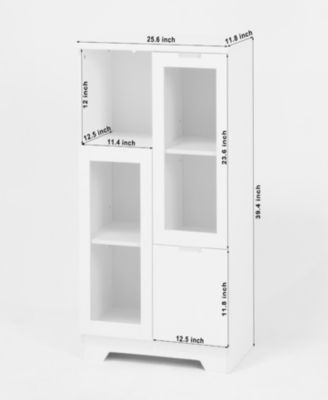Wooden Floor Cabinet with 2 Glass Doors and 2 Storage Space, White, Living Room Bathroom Entryway White