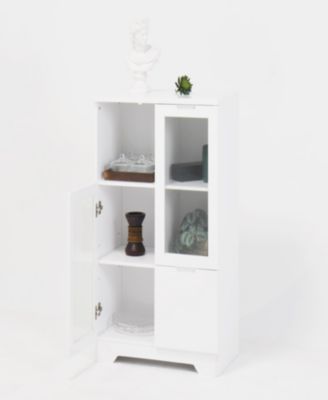Wooden Floor Cabinet with 2 Glass Doors and 2 Storage Space, White, Living Room Bathroom Entryway White