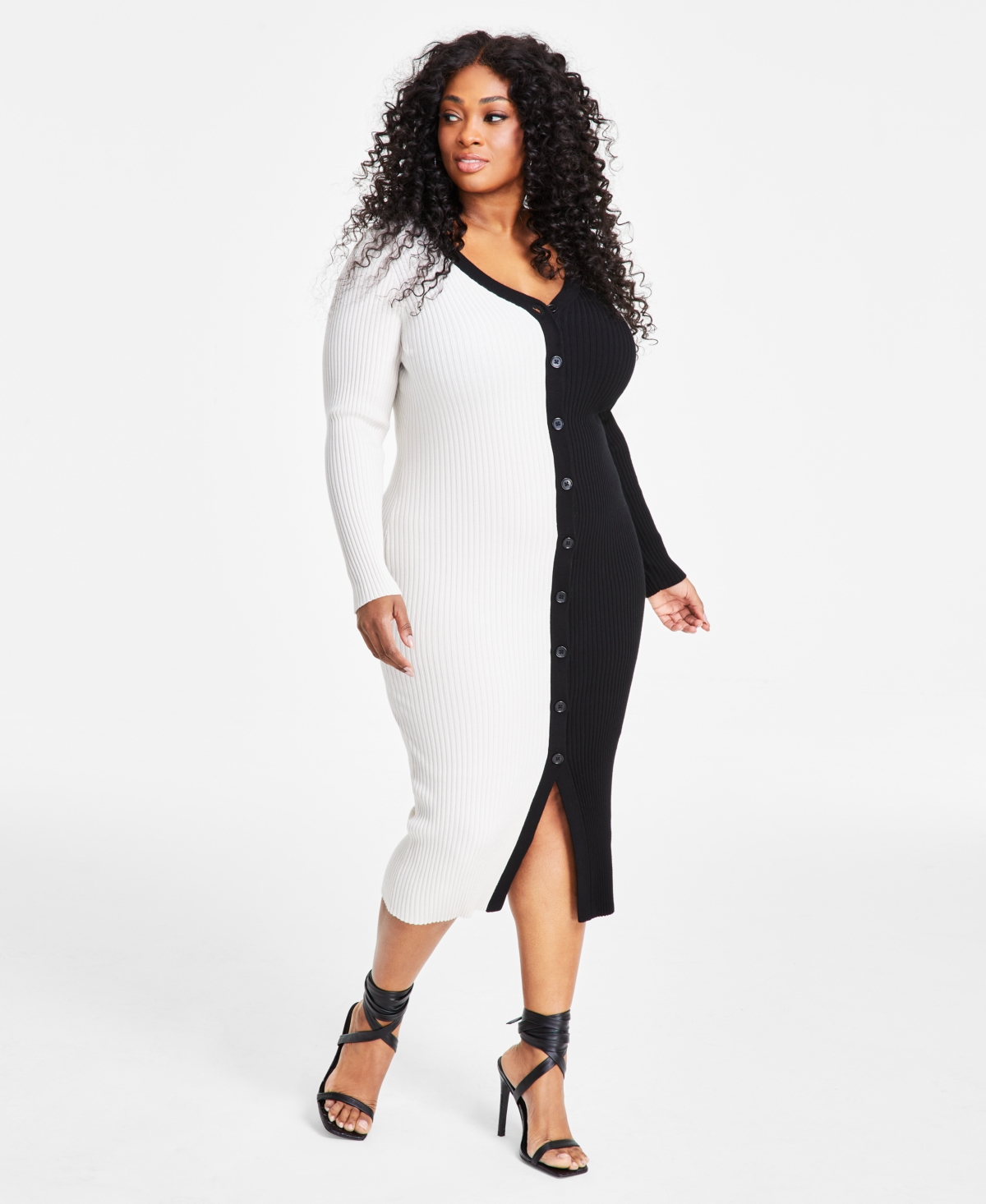Nina Parker Trendy Plus Size Ribbed Button-Front Dress - Black  White