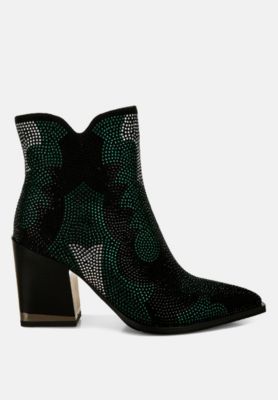 Womens Zarka Rhinestones Embellished Block Heel Boots