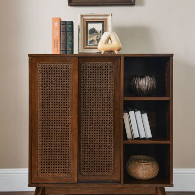 31.5" Mid-Century MDF & Rattan Adjustable Shelves, Charging Outlet, Solid Wood Legs Dark Wood Sideboard Cabinet