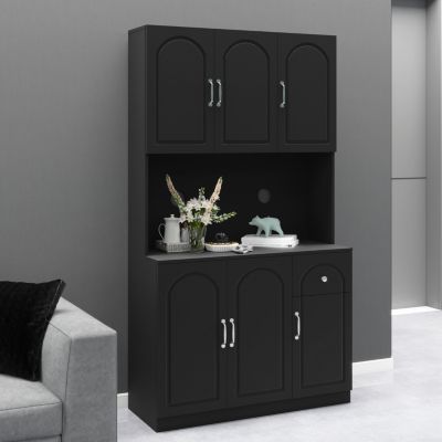 71" Kitchen Pantry Storage Cabinet with Microwave Oven Countertop, Freestanding Hutch Cabinet with Adjustable Shelves, 6 Doors and 1 Drawer-Black