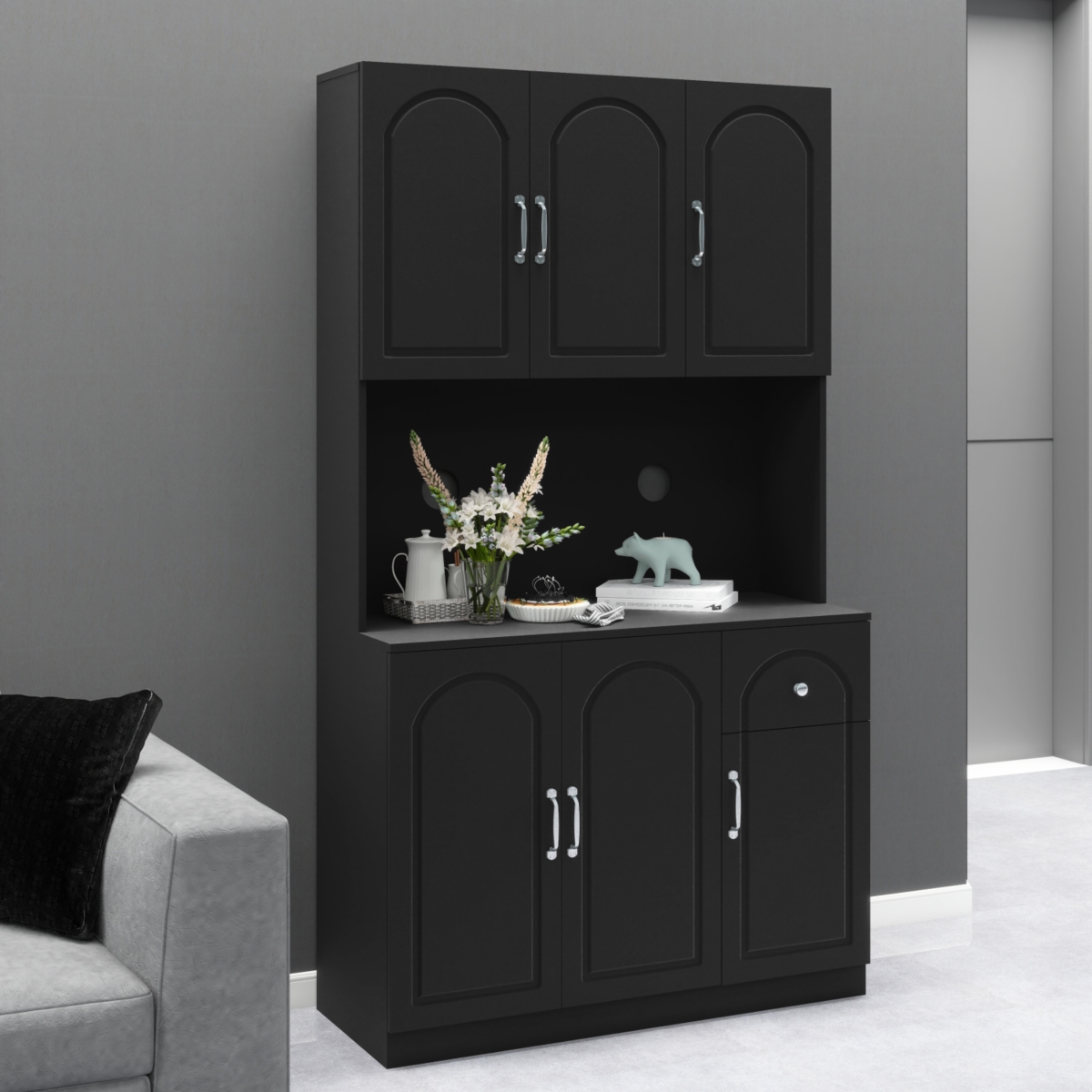 Simplie Fun 71" Kitchen Pantry Storage Cabinet with Microwave Oven Countertop, Freestanding Hutch Cabinet with Adjustable Shelves, 6 Doors and 1 Drawe