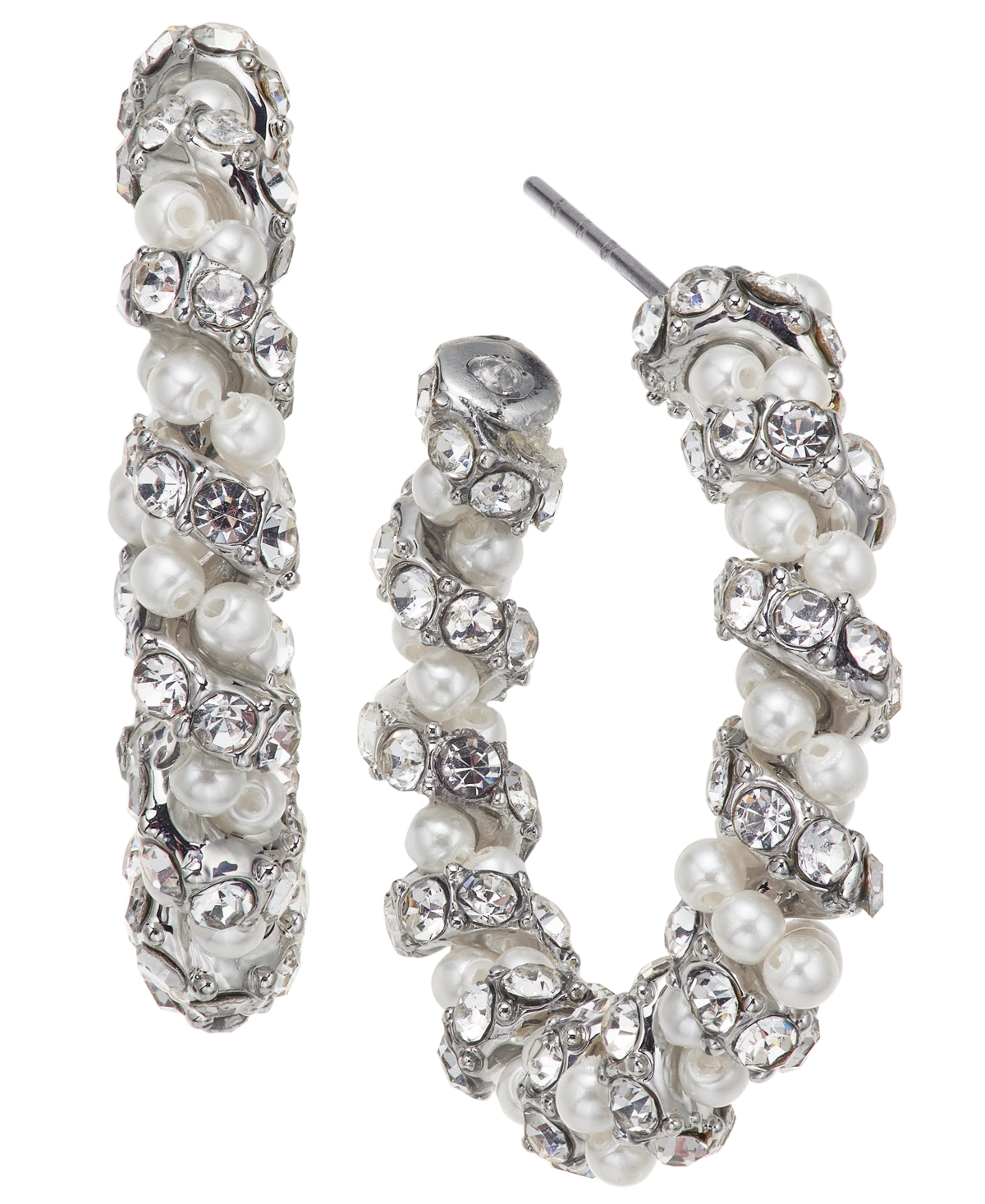 Silver-Tone Medium Pave & Imitation Pearl Open Hoop Earrings, 1.12", Created for Macy's - White