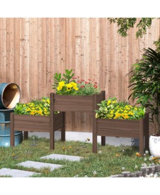 Raised Garden Bed with 3 Planter Box, Elevated Wooden Plant Stand with Drainage Holes, for Vegetables, Herb and Flowers, Coffee