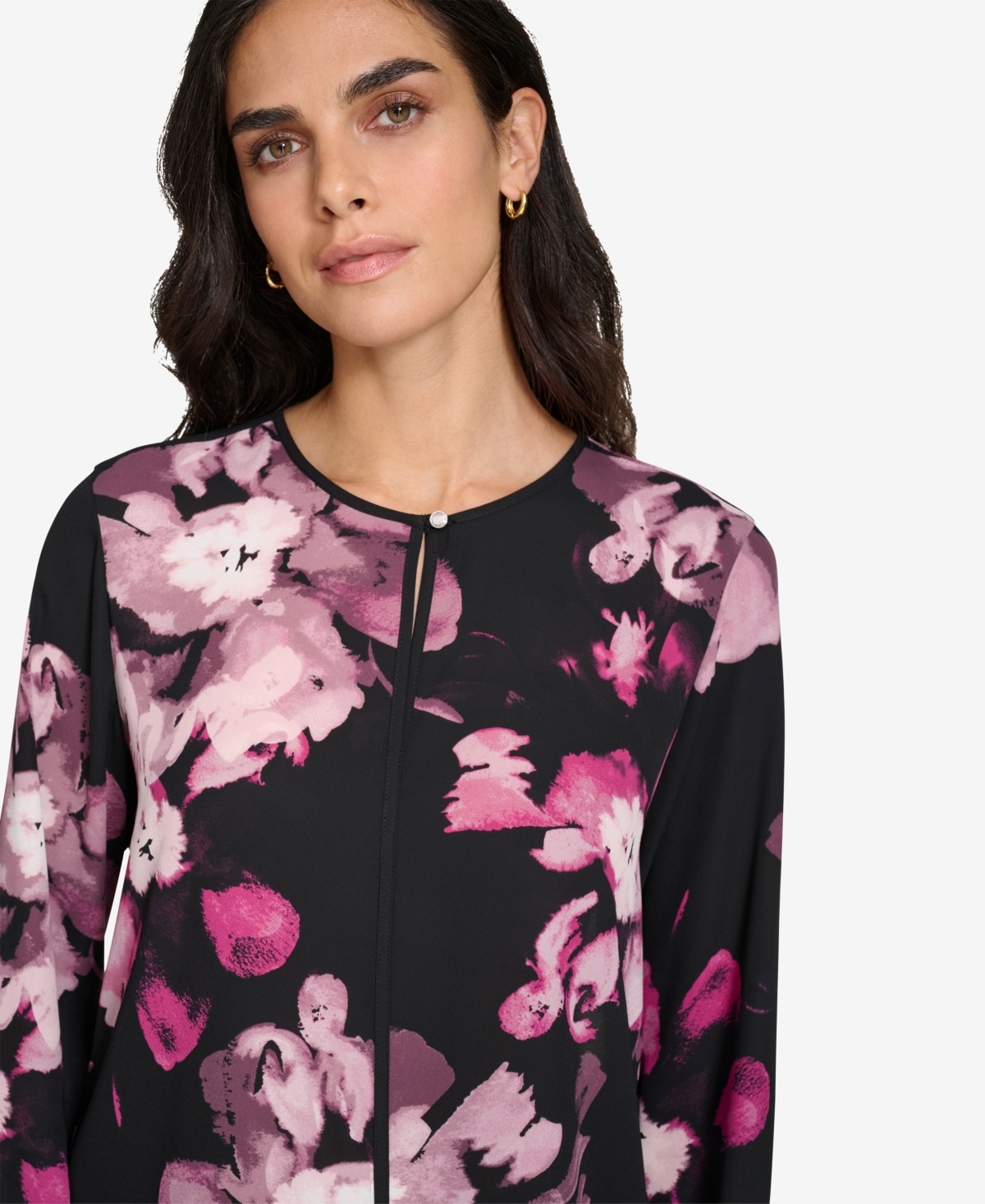 Shop Calvin Klein Women's Petite Keyhole Long-sleeve Blouse In Black Multi