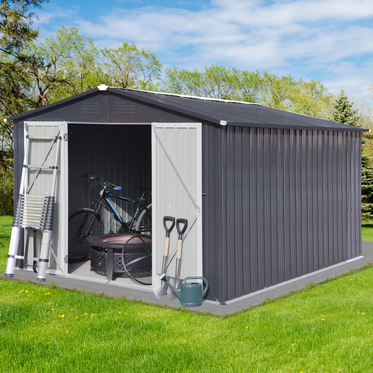 Streamdale Furniture Metal garden sheds 10ft 12ft outdoor storage sheds Dark-grey
