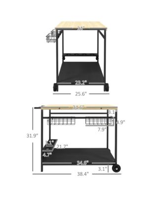 Outdoor Bar Cart, Patio Rolling Serving Cart with Wheels, Side Handle, 2 Baskets, 4 Wine Holders for Garden, Dining Room, Natural