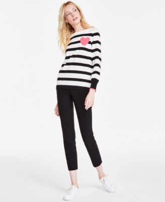 Womens Striped Heart Boat Neck Sweater Stretch Twill Cropped Pull On Pants