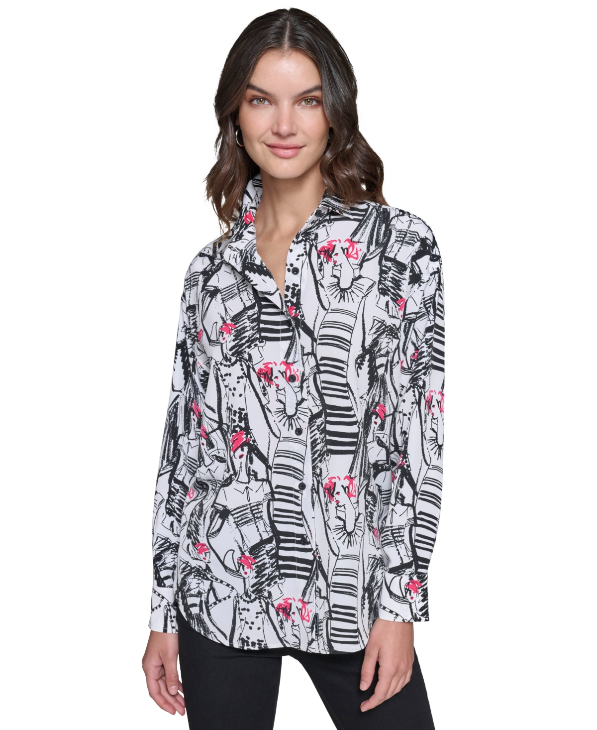 KARL LAGERFELD PETITE PRINTED LONG-SLEEVE SHIRT 