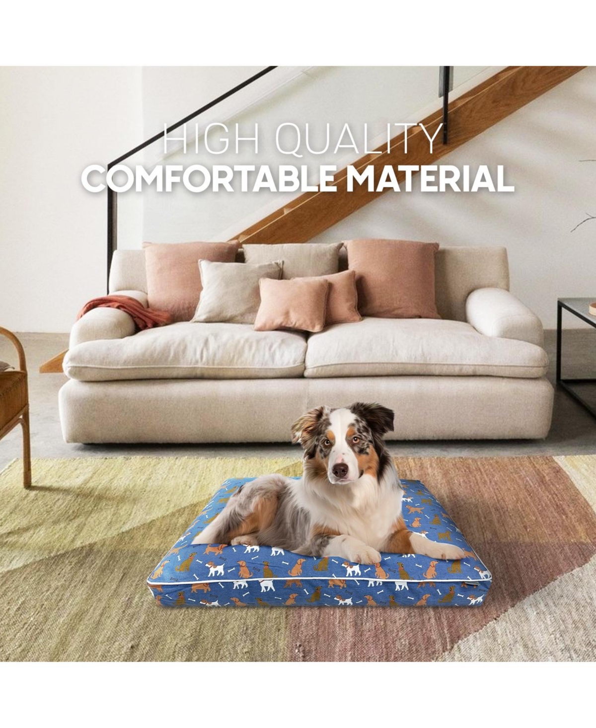 Paw & Decor Paws and Decor Orthopedic Dog Bed With Dogs and Bones Print, Comfortable & Supportive Pet Bed for Joint Health, Ideal for All Breeds - Blu