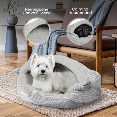 Pet Cave Bed, Calming Hooded Dog Bed with Pouch for Small Dogs and Cats, Herringbone Canvas Fleece Deep Dish