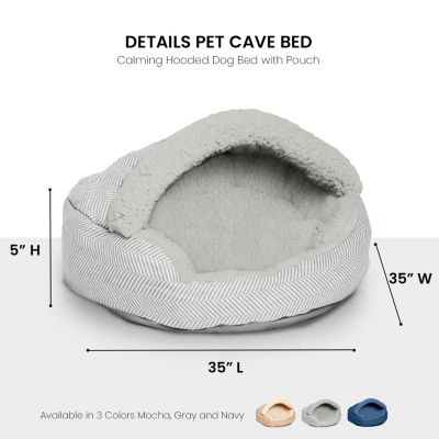 Pet Cave Bed, Calming Hooded Dog Bed with Pouch for Small Dogs and Cats, Herringbone Canvas Fleece Deep Dish