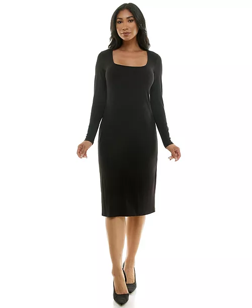 women's long sleeve square neck rib midi dress