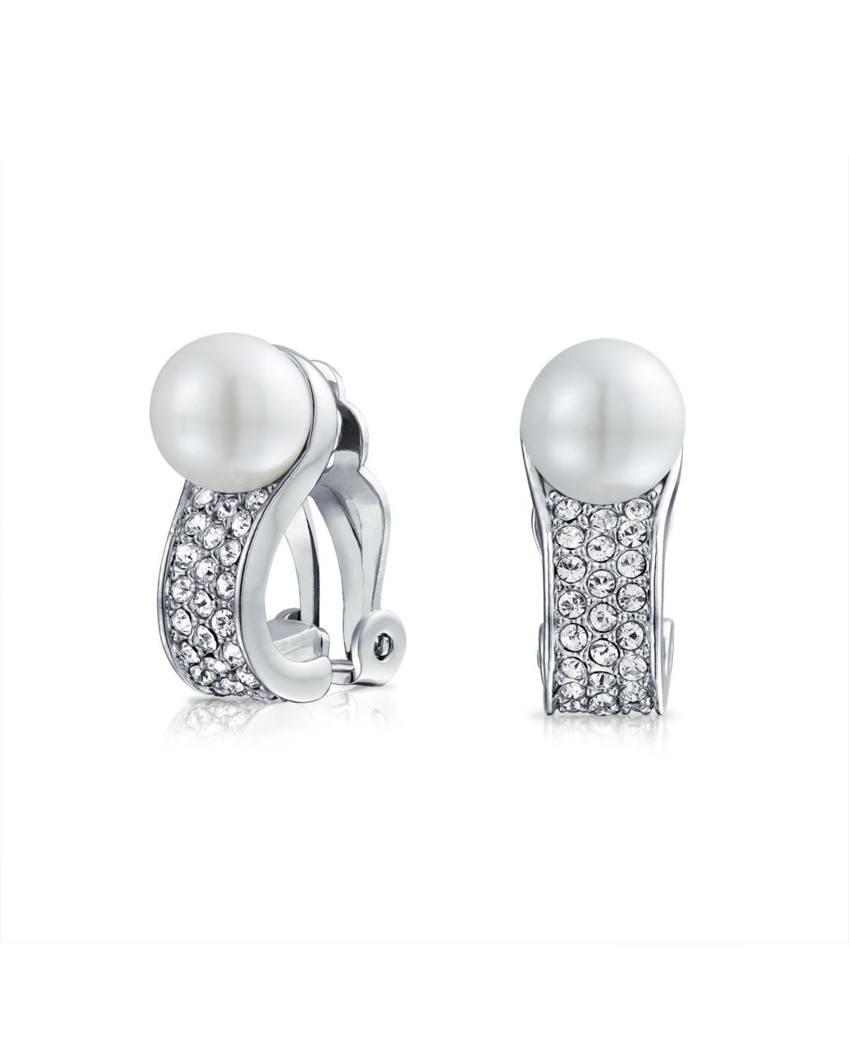 Crystal Pearl Huggie Clip-On Earrings Non-Pierced Ears Silver Plated - White
