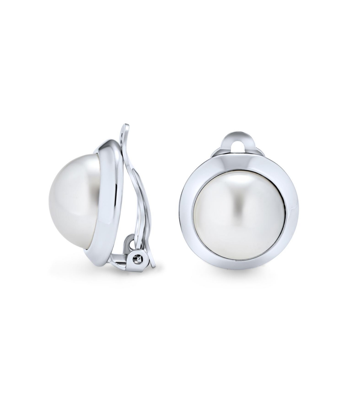 Simple Button Style Round Dome Bezel Pearl Clip-On Earrings Silver Plated Brass - White pearl