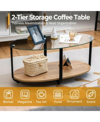 Glass-Top Coffee Table 2-Tier Modern Oval Side Sofa Table w/ Storage Shelf
