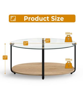 Glass-Top Coffee Table 2-Tier Modern Oval Side Sofa Table w/ Storage Shelf