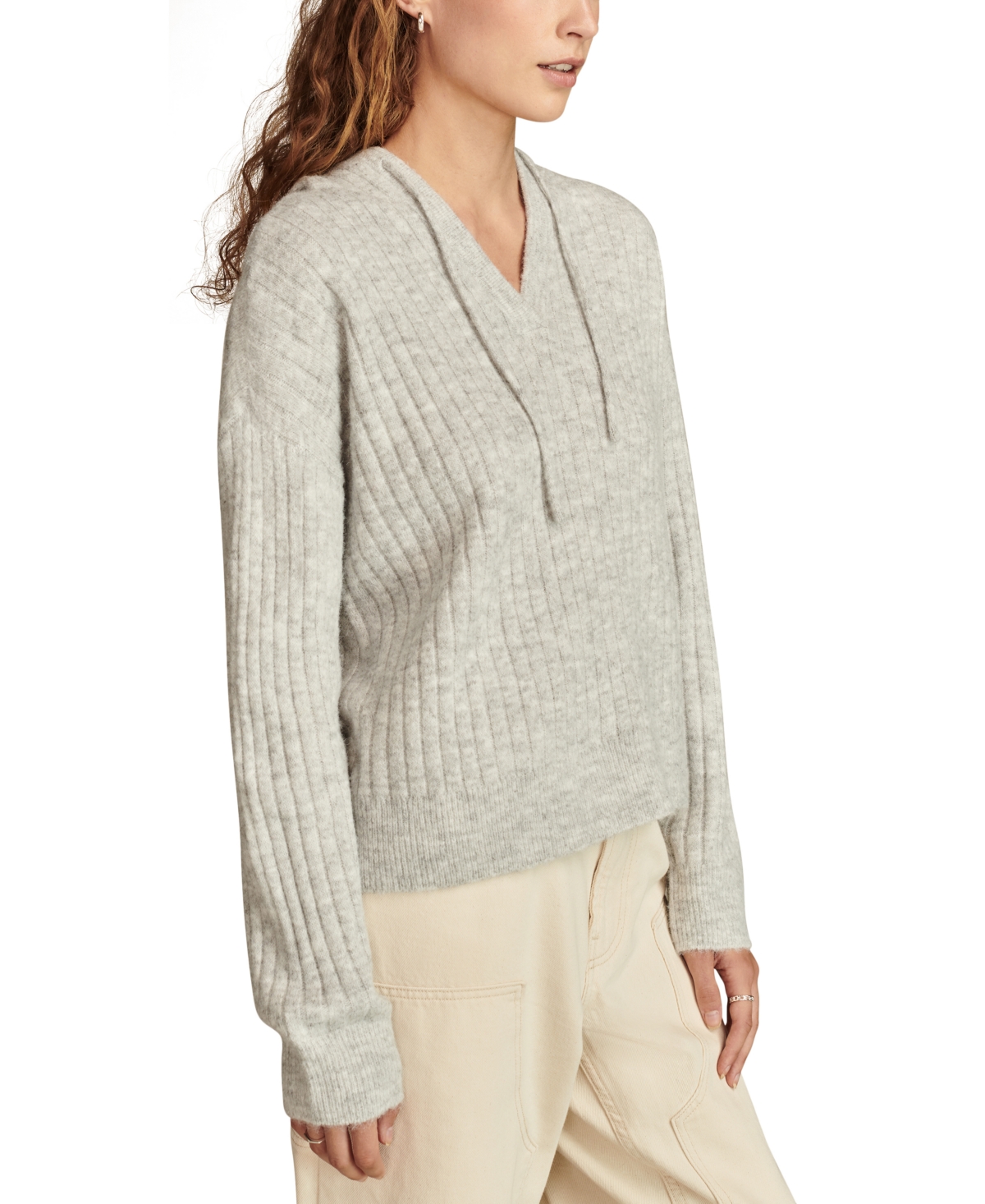Shop Lucky Brand Women's Ribbed Knit Hooded Sweater In Heather Grey