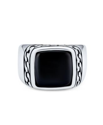 Classic Chain Link Accent Black Onyx Square Signet Ring Heavy Oxidized .925 Sterling Silver