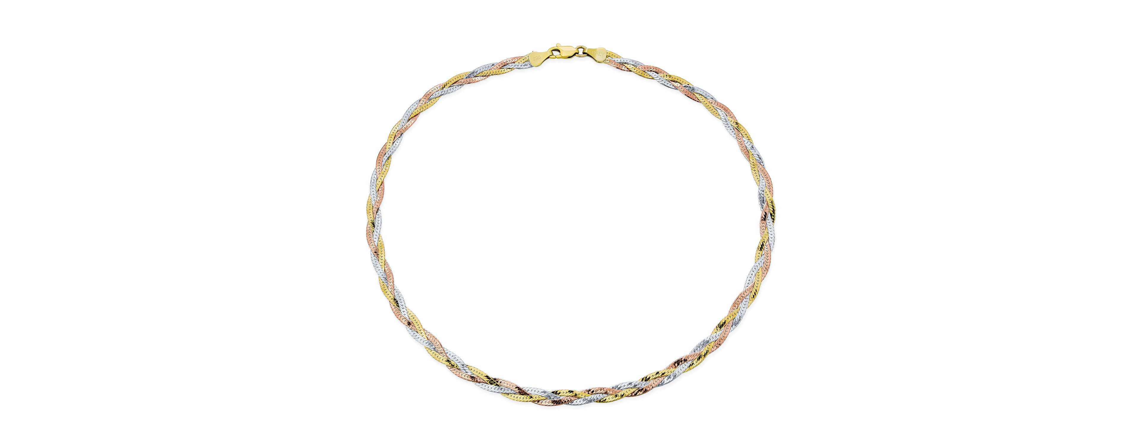 Bling Jewelry Flat Yellow Rose Gold Overlay Sterling Silver 5MM Twist 3 Tri Tone Herringbone Braided Magic Snake Chain Necklace