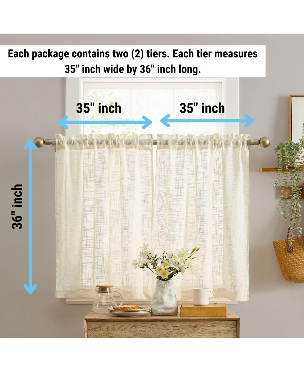 Hlc.me Linda Faux Linen Textured Semi Sheer Privacy Light Filtering Transparent Rod Pocket Short Thick Cafe Curtain Tiers for Small Windows