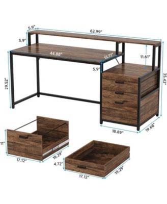 Computer Desk with File Drawer Cabinet, Ergonomic Office Desk with Monitor Stand, Industrial Computer Table with Printer Space, Workstation Desk for Home Office