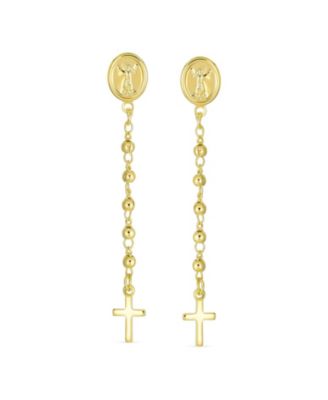 Religious Medallion Long Chain Dangle Angel & Cross Earrings Gold Plated