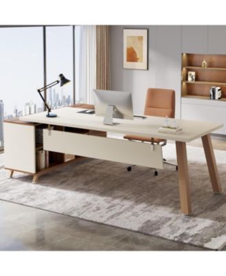71-Inch Engineered Wood and Metal Large Office Desk with Storage Shelves, Executive L-Shaped Desk