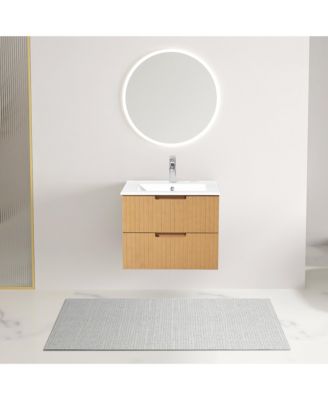 24 Inch Floating Bathroom Vanity with Ceramic Sink, Modern Bath Storage Cabinet Vanity with Drawers Wall Mounted Combo Set for Bathroom, Light Brown