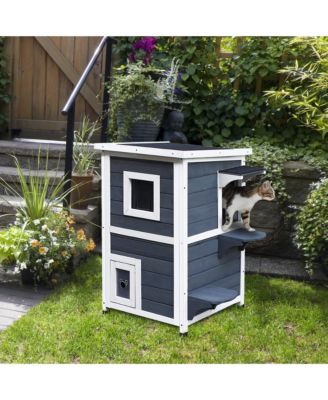 Outdoor Cat House with Escape Door, Weatherproof 2-Story Wooden Feral Cat Shelter with Opening Asphalt Roof, Dark Gray