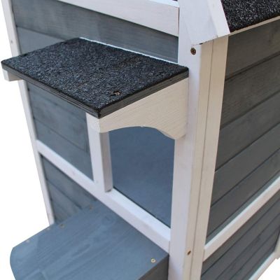Outdoor Cat House with Escape Door, Weatherproof 2-Story Wooden Feral Cat Shelter with Opening Asphalt Roof, Dark Gray