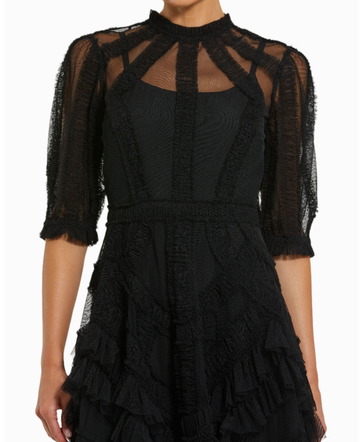 Mac Duggal Women's High Neck Puff Sleeve Ruffle Tiered Dress