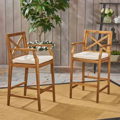 Streamdale Acacia Wood Outdoor Barstools With Water-Resistant Cushions (Set Of 2)