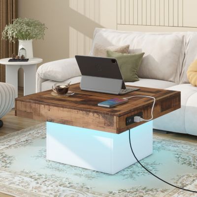 Farmhouse Coffee Table with USB & Outlets, Rustic LED Cocktail Table, 31