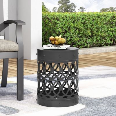 Modern Cylindrical Metal End Table With Iron-Cut Design