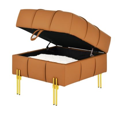 Streamdale Orange Leather Storage Ottoman with Golden Legs