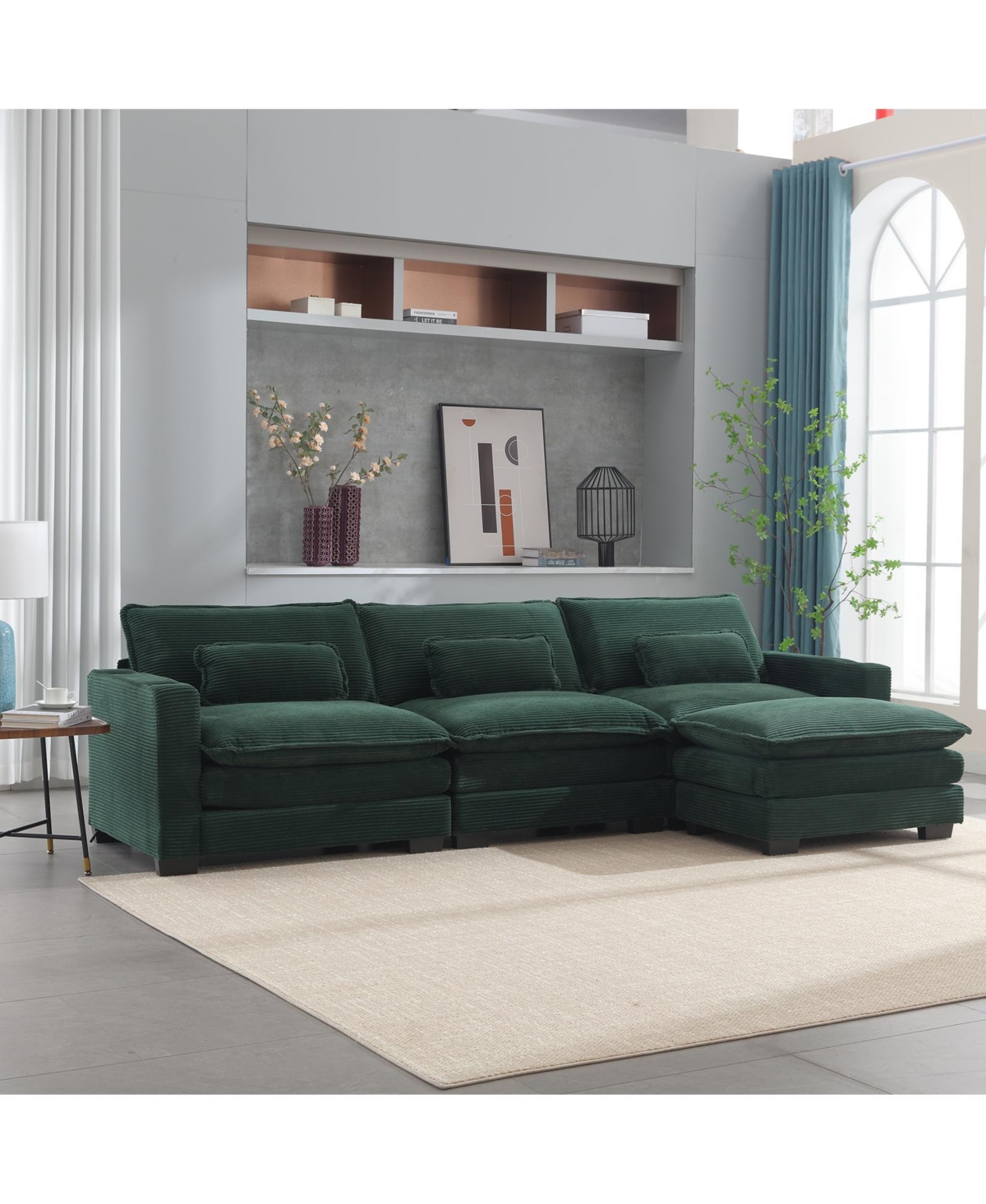 Streamdale Furniture L Shape Sofa Couch with Usb & Cup Holders, Corduroy Stripe Fabric 3 Seater Sofa with Ottoman,- Green