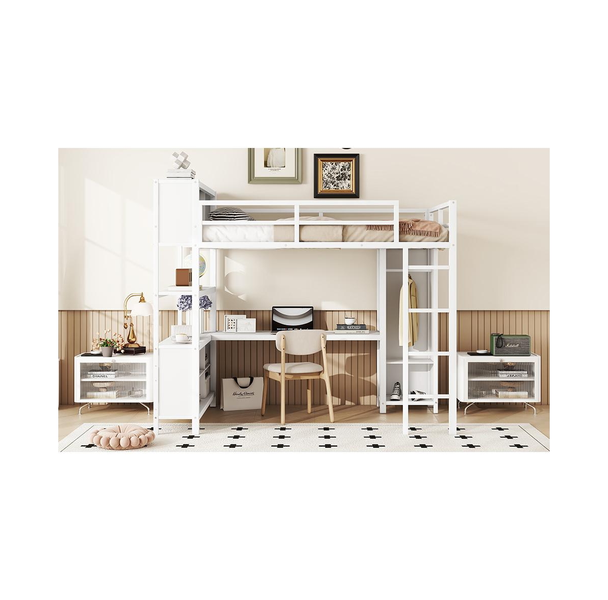Streamdale Furniture Metal Loft Bed with Wardrobe And L-shaped Desk, Full Size Loft Bed with Storage Cubes and Shelves, Heavy Duty Loft Bed for Kids T