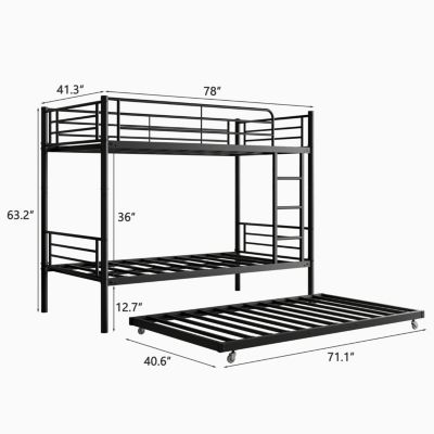 Twin Bunk Bed with Trundle, Metal, Noise Free, Black