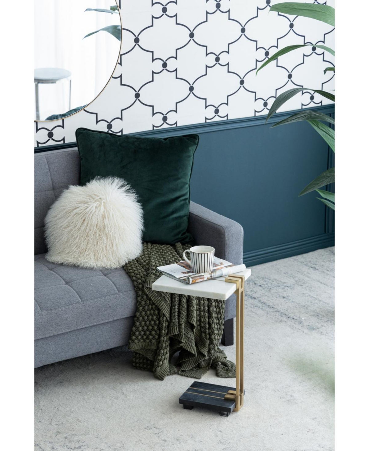 Streamdale Furniture 12.5x12x22" Aluminum and Marble C-Shaped Side Table, White/Gold/Black, Artistic Accent Table for Living Room Entryway Bedroom