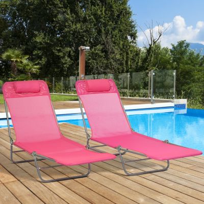 2 Piece Folding Chaise Lounge Chairs, Pool Sun Tanning Chairs, Outdoor Lounge Chairs with 6-Position Reclining Back, Breathable Mesh Seat, Headrest for Beach, Yard, Patio, Pink