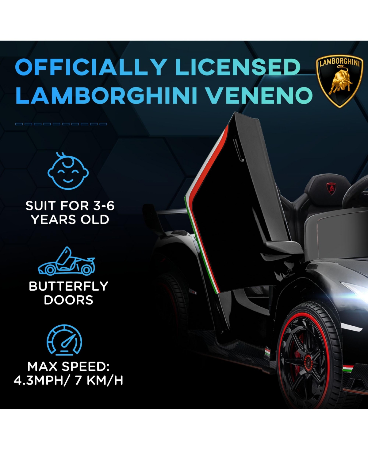 Streamdale Furniture Lamborghini Veneno Licensed Kids Electric Car with Bluetooth, 12V Ride on Car with Butterfly Doors, Remote Control, Portable Batt