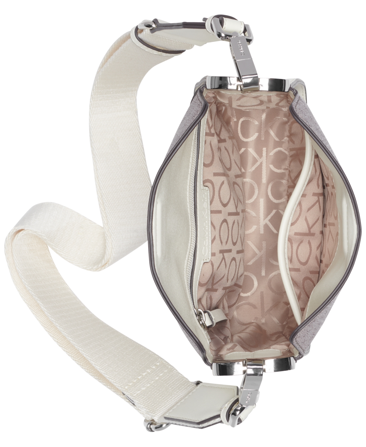 Calvin Klein Fay Mini Signature Adjustable Crossbody With Magnetic Top Closure In Almond Taupe,cherub White
