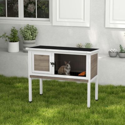 Elevated Wooden Rabbit Hutch, Indoor/Outdoor Bunny Cage with Hinged Asphalt Roof and Removable Tray for Single, Dwarf, or Guinea Pig, Brown