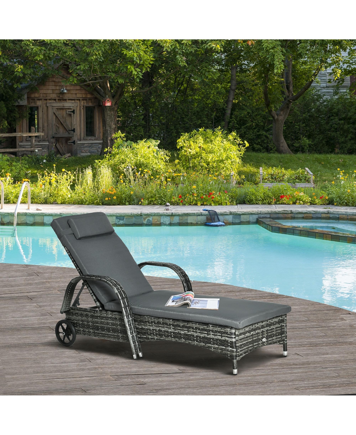 Streamdale Furniture Wicker Outdoor Chaise Lounge, 5-Level Adjustable Backrest Pe Rattan Pool Lounge Chair with Wheels, Cushion & Headrest, Mixed